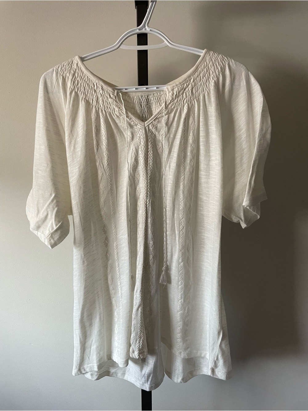 Pennington's BohoEmbroidered Peasant Blouse Tassels White Plus Size 1X